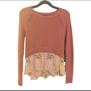 American Eagle Outfitters Pink Sweater with Cream Lace Hem